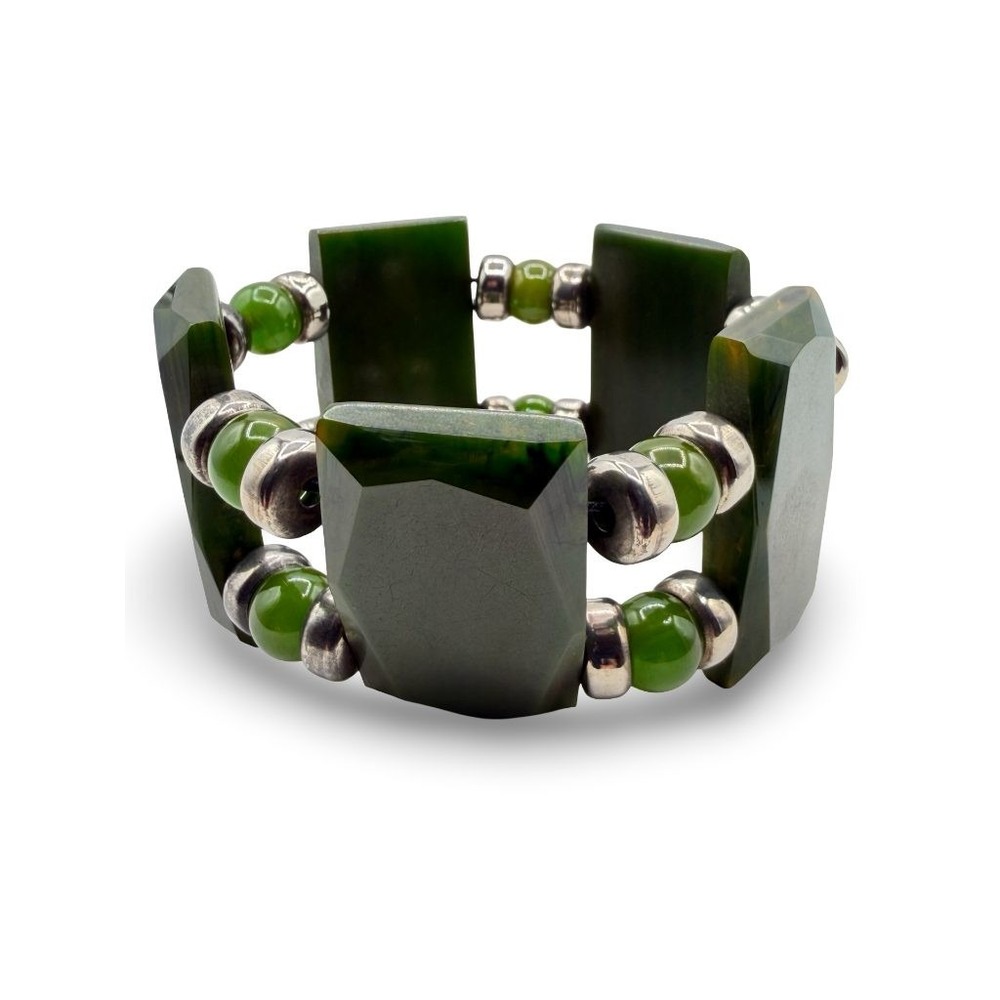 Vintage Bakelite Green Faceted Chunky Stretch Bracelet Silver Tone Beads Size 8